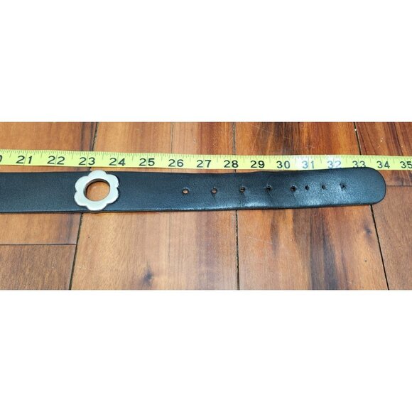 Croute De Cuir Leather Grommet Belt Flower Buckle Black Split Leather Sz 38 Y2K - Picture 10 of 11